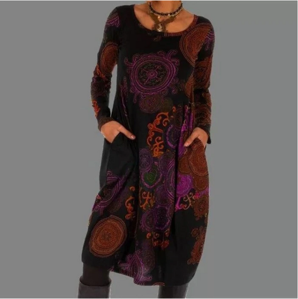 Vestido Holgado Estampado Cuello Redondo Manga Larga