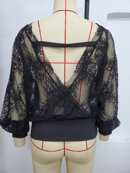 Blusa Elegante de Encaje con Cuello en V y Mangas Largas - Image 3