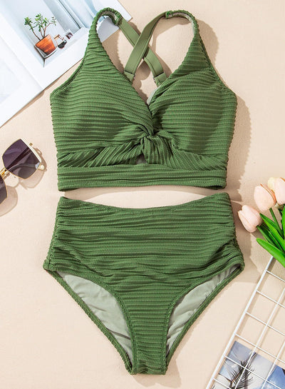 Women's teal ribbed two-piece swimsuit featuring a halter neck top with twisted front and high-waisted bottoms. - Image 25