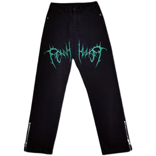 Jeans Sueltos Bordados con Cierre Estilo Hip-Hop Urbano