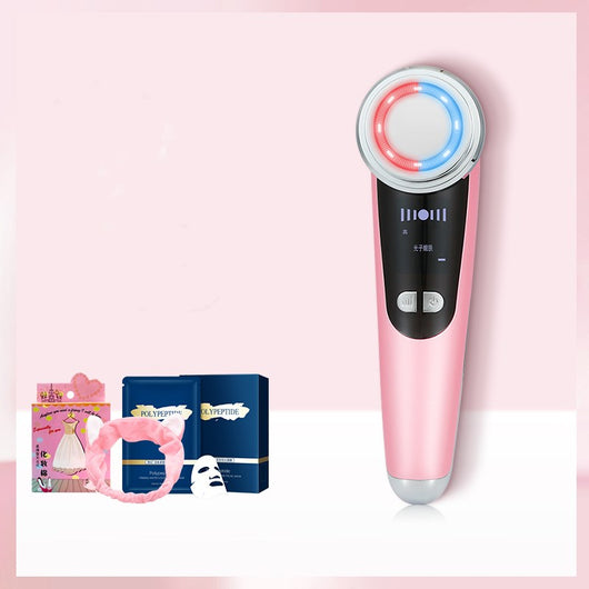 White facial massage importer with red and blue LED light ring, two 'POLYPEPTIDE' facial mask boxes, and a pink cat ear headband. - Image 17