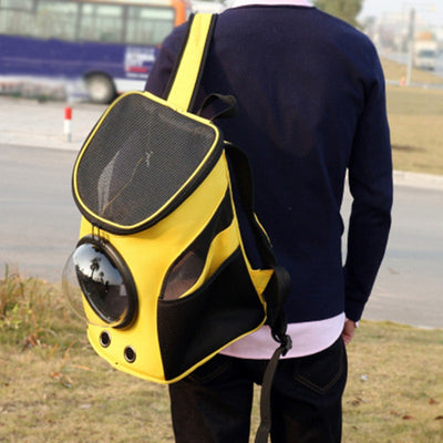 Blue and black pet carrier backpack with a clear bubble window, mesh sides, and ventilation holes, carried by a person outdoors. - Image 7