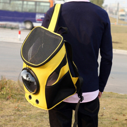 Blue and black pet carrier backpack with a clear bubble window, mesh sides, and ventilation holes, carried by a person outdoors. - Image 7