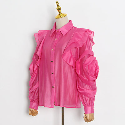 Blusa Organza Color Sólido con Cuello Solapa y Volantes - Image 8