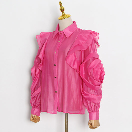 Blusa Organza Color Sólido con Cuello Solapa y Volantes - Image 8