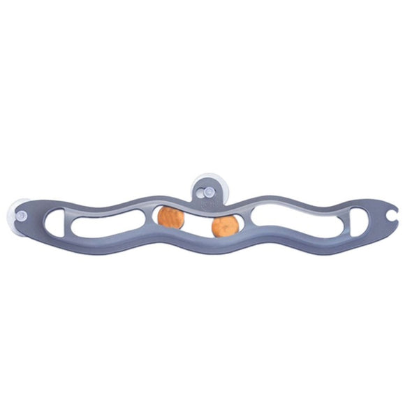 Grey plastic wavy track ball cat toy with two orange balls and suction cups for window or wall mounting. - Image 9