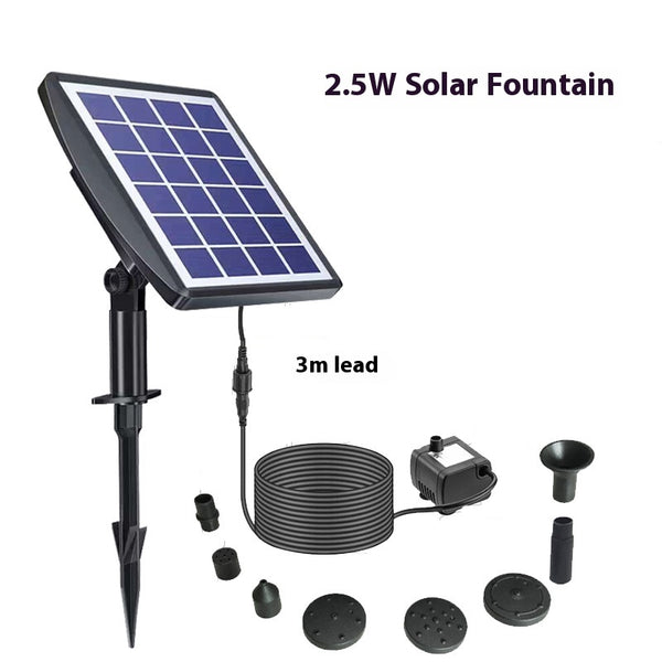 5W solar fountain kit with black solar panel on a ground stake, water pump, coiled hose, and various nozzles.