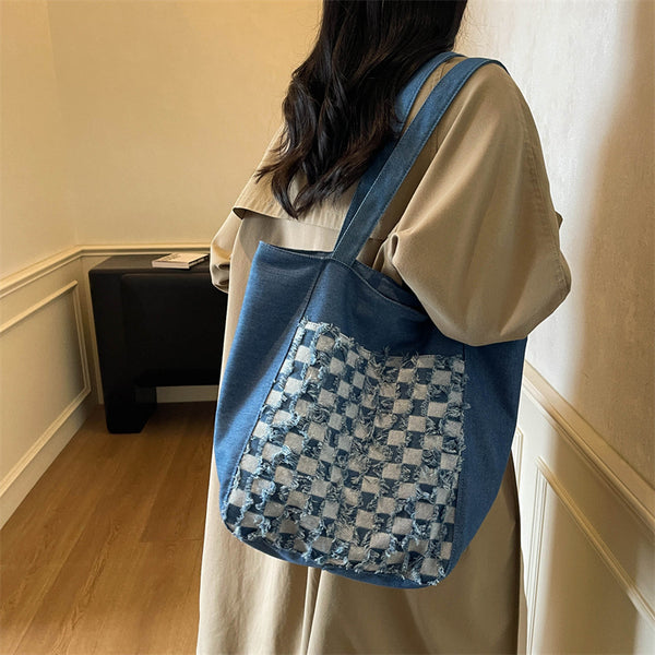 Bolsa Tote de Mezclilla Lavada con Patrón Escocés y Gran Capacidad