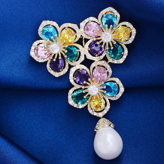Broche Floral Vintage con Zircón Colorido y Perla