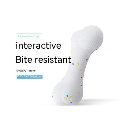 White bone-shaped dog toy with colorful speckles, labeled as interactive and bite-resistant. - Image 5