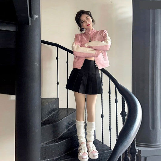 Chaqueta de Cuero Rosa con Cierre y Costuras Decorativas - Image 7