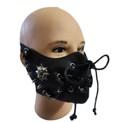 Black leather half-face mask with brass chains, spikes, and gear accents, featuring adjustable elastic straps. - Image 20