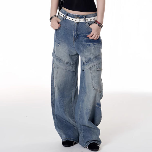 Jeans Deconstructivos Estilo Hot Girl Retro Americano con Múltiples Bolsillos