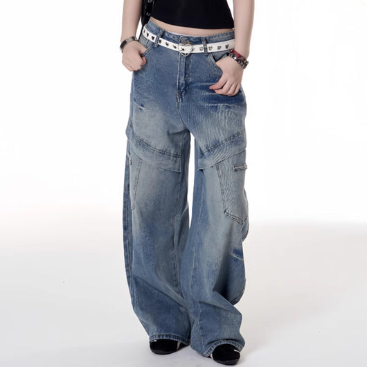 Jeans Deconstructivos Estilo Hot Girl Retro Americano con Múltiples Bolsillos