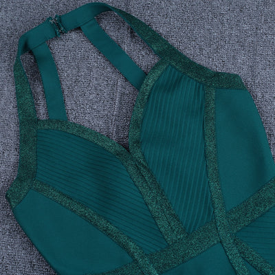 Vestido de Noche Verde Encaje Escote en V sin Mangas - Image 9