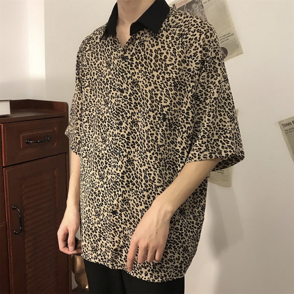 Camisa de Hombre Estampado Leopardo Manga Cinco Puntos Gasa