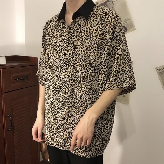 Camisa de Hombre Estampado Leopardo Manga Cinco Puntos Gasa