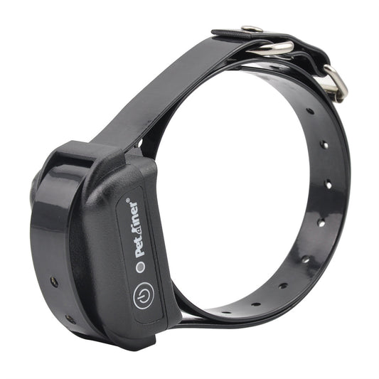 Black remote control dog trainer with blue LCD screen, alongside one black and one orange training collar.