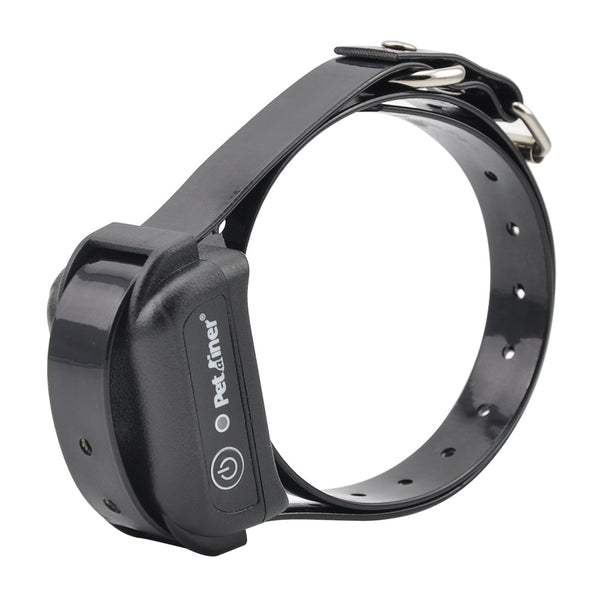 Black remote control dog trainer with blue LCD screen, alongside one black and one orange training collar.