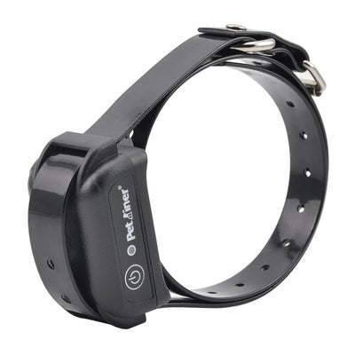 Black remote control dog trainer with blue LCD screen, alongside one black and one orange training collar.
