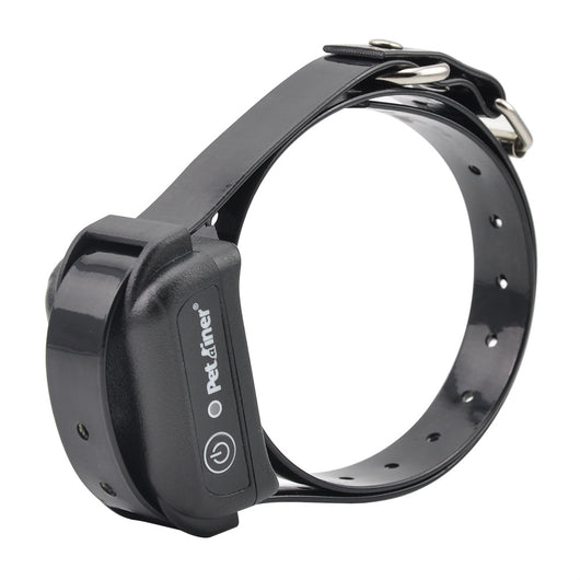 Black remote control dog trainer with blue LCD screen, alongside one black and one orange training collar.
