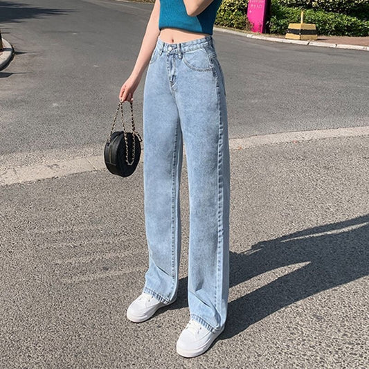 Jeans Cintura Alta Pierna Ancha Efecto Reductor Azul Oscuro para Mujer