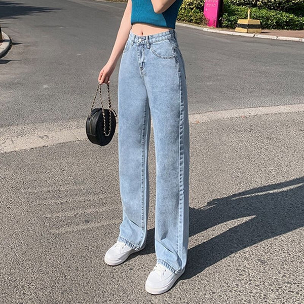 Jeans Cintura Alta Pierna Ancha Efecto Reductor Azul Oscuro para Mujer