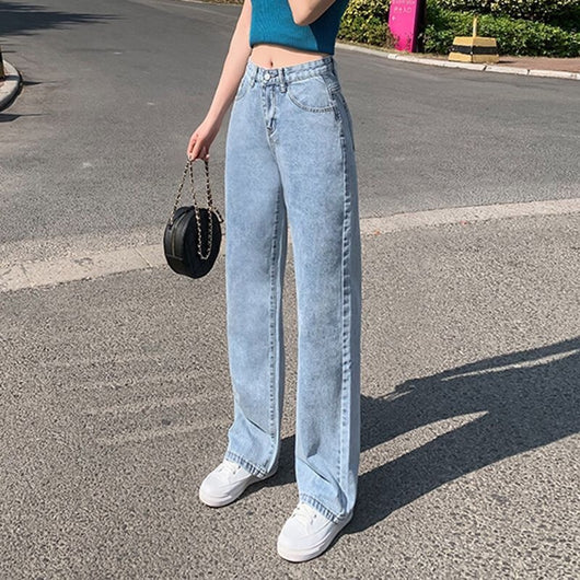 Jeans Cintura Alta Pierna Ancha Efecto Reductor Azul Oscuro para Mujer