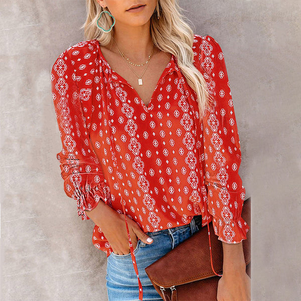 Blusa Casual Suelta de Chifón Estampada de Manga Larga