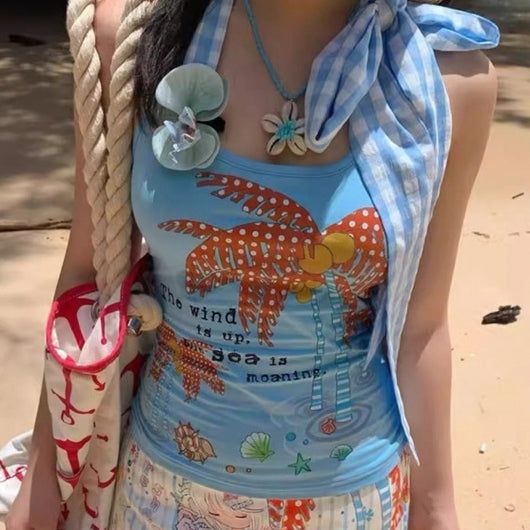 Camiseta Halter Patchwork Cuadros con Cordones para Mujer