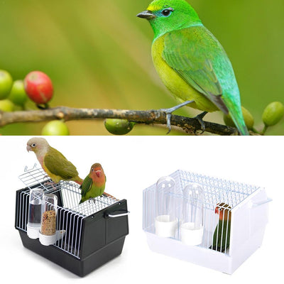 Black and white portable bird cage with two birds perched on top, featuring water and seed feeders.