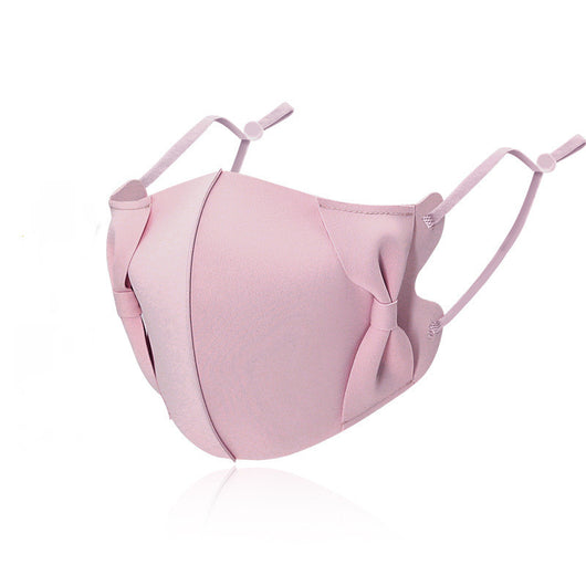Light blue ice silk face mask with decorative bows on the sides and adjustable ear loops, shown on a white background. - Image 25