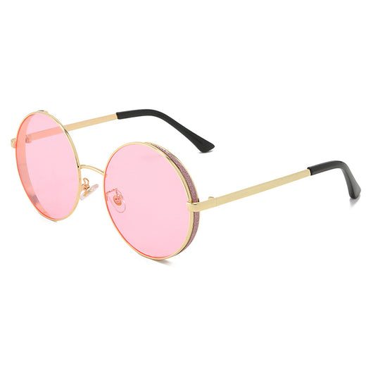 Round gold metal frame sunglasses with brown lenses and glitter detail on the outer rim, featuring dark red temple tips. - Image 5