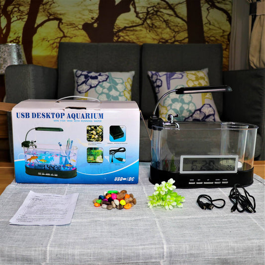 Acuario Escritorio USB con Reloj, Temperatura y Organizador