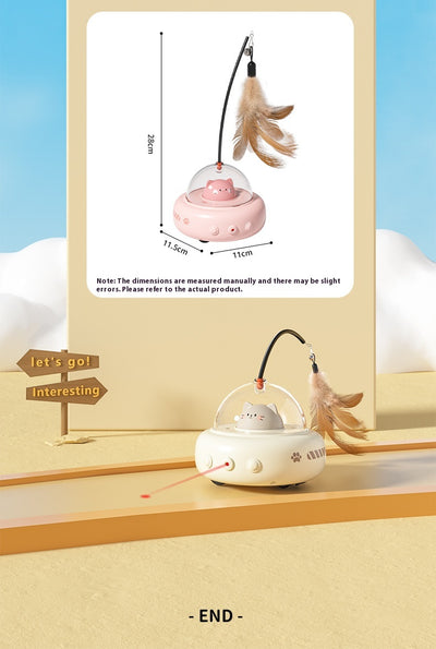 Pink electric UFO cat teaser toy with a clear dome, a cute pink cat head, and a feather wand with a bell. - Image 9
