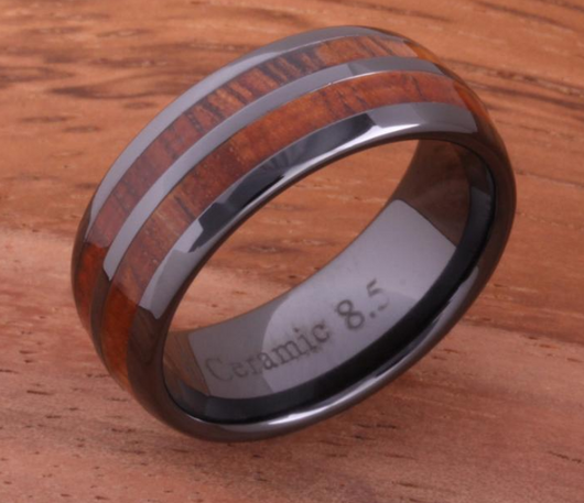 Anillo de Cerámica y Madera Koa Oscura Doble