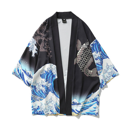 Kimono Hombre y Mujer Estampado Onda Ukiyo-e - Camisa Suelta Manga 3/4 Sección Ligera - Image 4