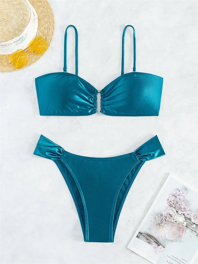 Solid black glossy two-piece bikini with a bandeau top featuring a ruched front and U-shaped detail, and high-cut ruched bottoms. - Image 20