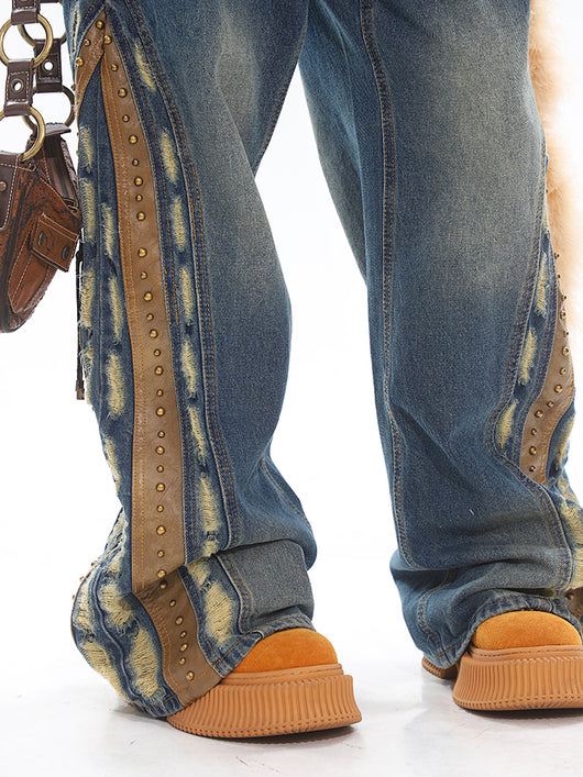 Jeans Deconstructidos Patchwork en Cuero Vintage Lavado Pesado - Image 8