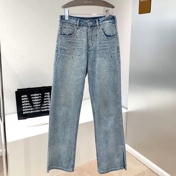 Jeans Acampanados Cintura Alta con Strass para Mujer