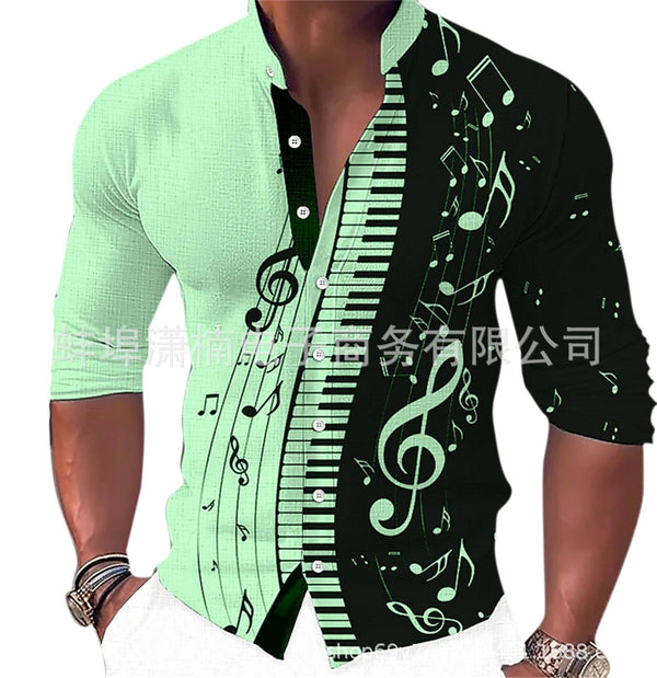 Camisa Casual Estampado Musical con Cuello de Pie Manga Larga para Hombre
