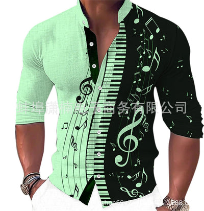 Camisa Casual Estampado Musical con Cuello de Pie Manga Larga para Hombre - Image 2