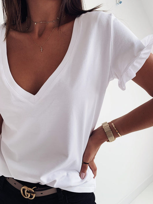 Blusa con Cuello V y Mangas Fruncidas de Color Sólido - Image 2