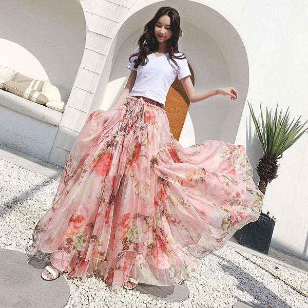 Falda Swing de Gasa Estampada con Corte Irregular