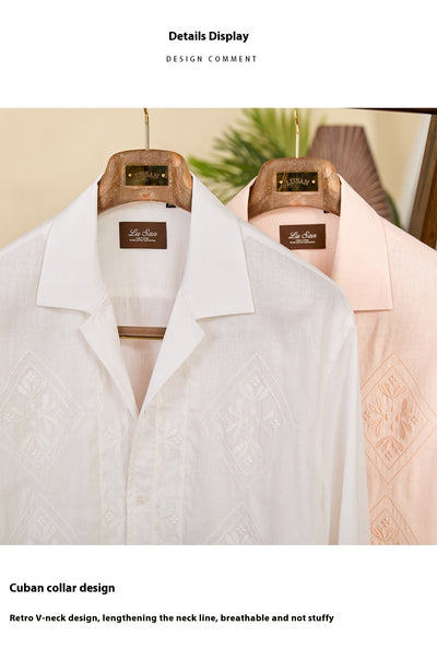 Camisa de Lino y Algodón con Cuello Cubano Bordado - Protección Solar de Manga Larga - Image 10