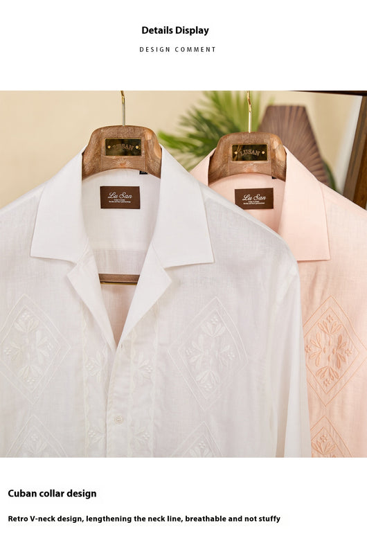 Camisa de Lino y Algodón con Cuello Cubano Bordado - Protección Solar de Manga Larga - Image 10
