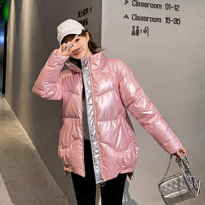 Chaqueta de Cuero Brillante Acolchada con Algodón para Mujer