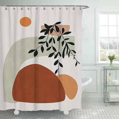Modern geometric shower curtain with abstract shapes in brown, orange, and green, featuring a black botanical print. - Image 9