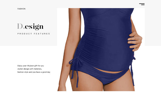 Plus size maternity two-piece swimsuit in royal blue with a ruched bandeau top and high-waisted ruched bottoms. - Image 8