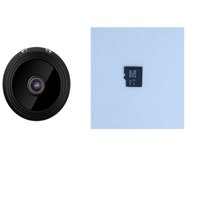 White A9 WIFI wireless network camera with a black lens, shown next to a black 32GB microSD card. - Image 12